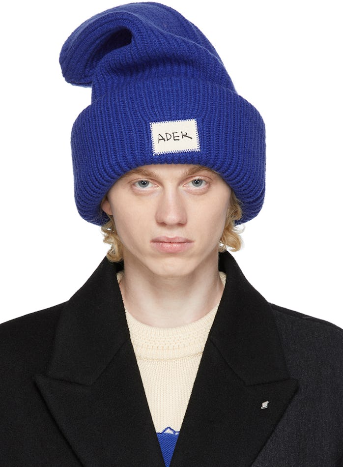 Ader Error Blue Crumple Logo Beanie