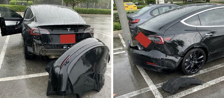 Tesla has confirmed a flaw in early Model 3's caused the rear bumper to fall off when driving in pud...