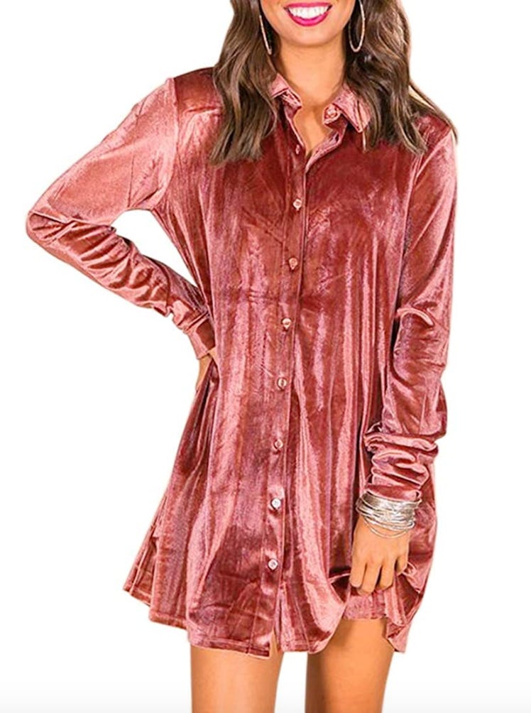 AmazonCaitefaso Velvet Button Down T Shirt Mini Dress