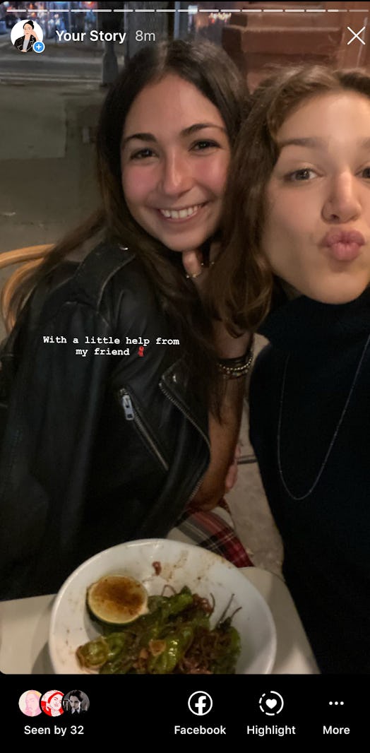 Selfie of Iman and her friend with a "With a little help from my friend" text posted on her story