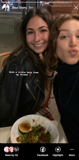 Selfie of Iman and her friend with a "With a little help from my friend" text posted on her story
