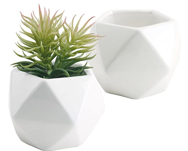  Set Of 2 White Ceramic Geometric Design Mini Succulent Planter