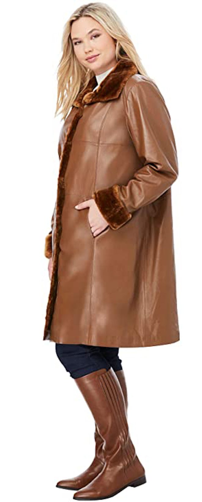 Jessica London Women's Plus Size Fur-Trimmed Leather Swing Coat