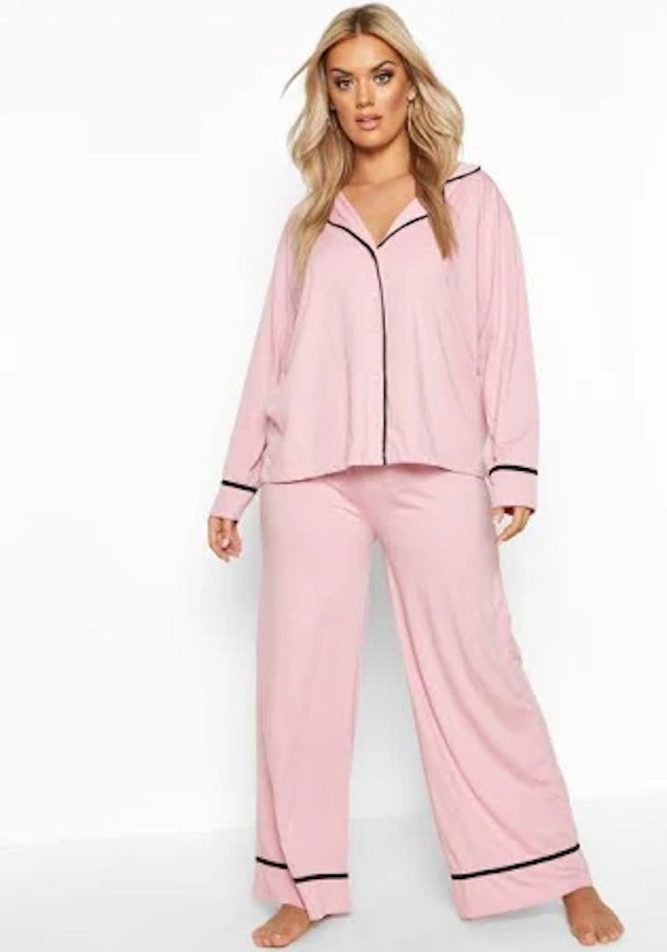 Boohoo Blush pink Plus Long Sleeve Button Through Jersey PJ Set alternative image Blush pink Plus Lo...