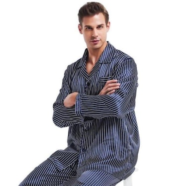 Great Happiness Men Silk Satin Striped Pajamas Set Plus Size Long Sleeve Top and Pants