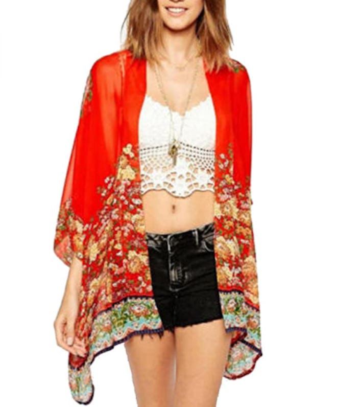 OLRAIN Floral Print Sheer Chiffon Cardigan Cape