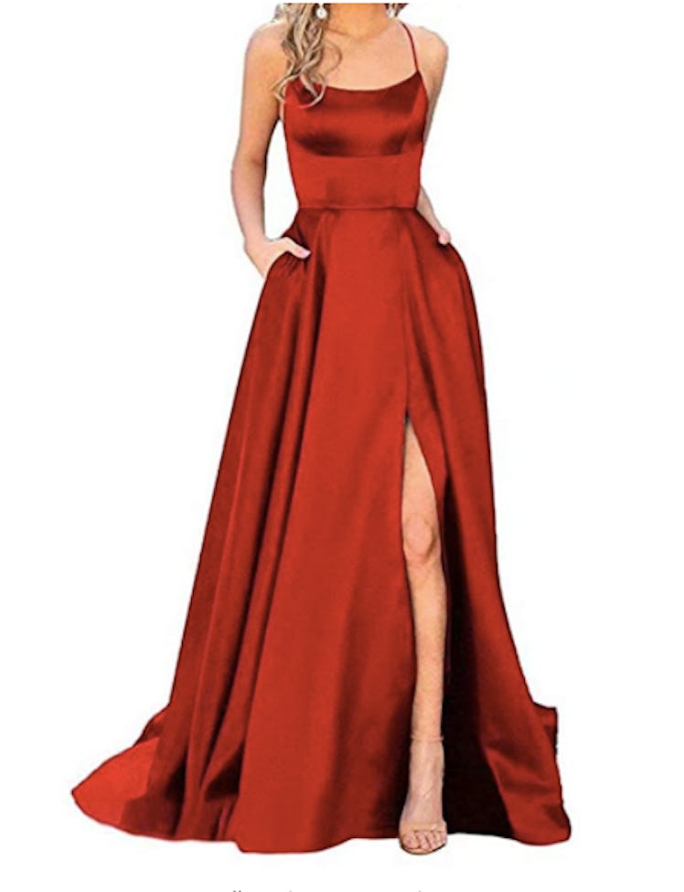 Red Spaghetti Strap Satin Dress 