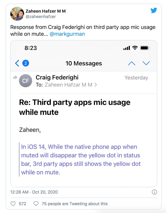 Apple's Craig Federighi says the iOS 14 mic usage indicator may remain on even when users mute thems...