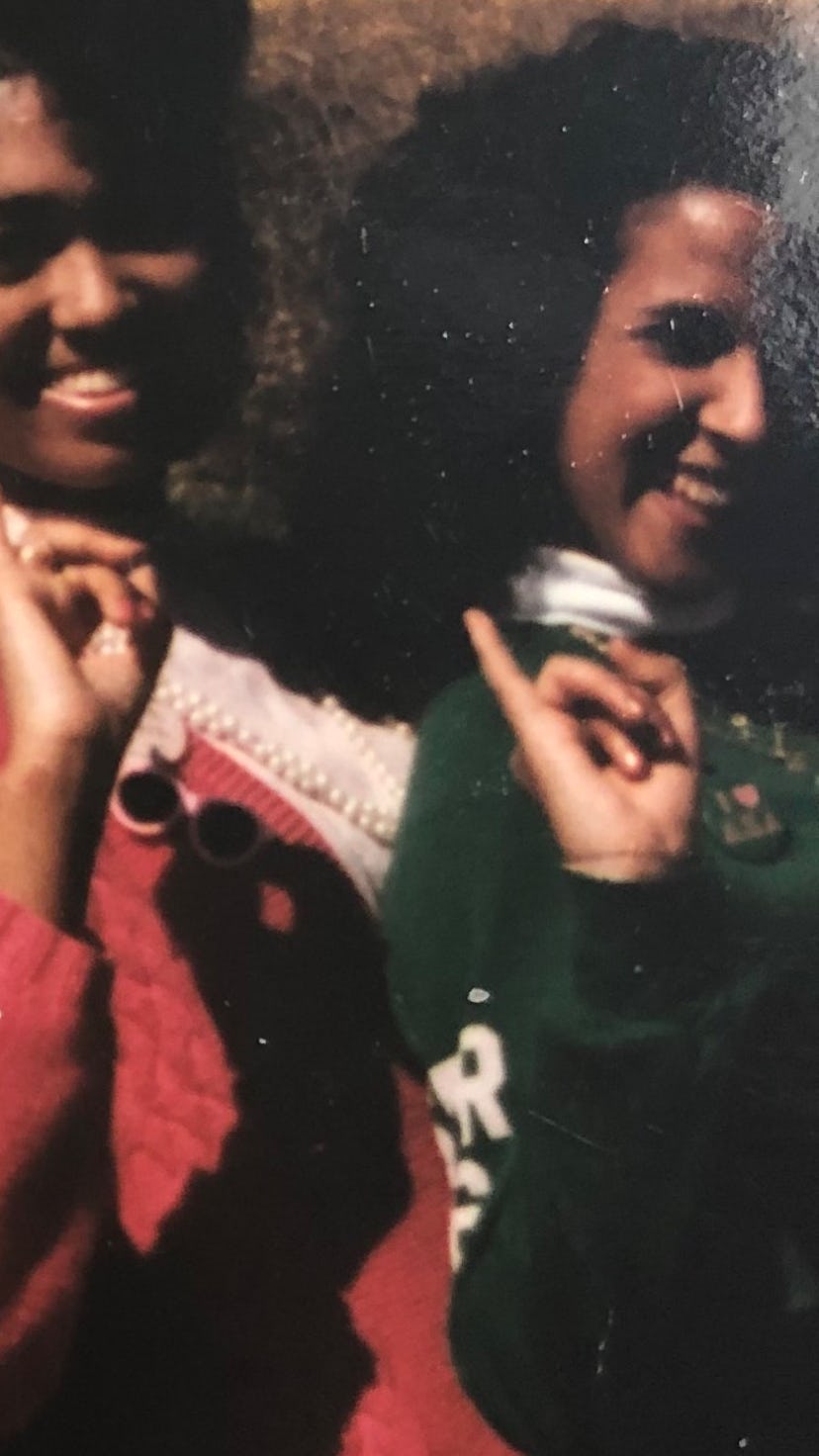 Kamala Harris in a photo with her sorority sister happily posing and smiling