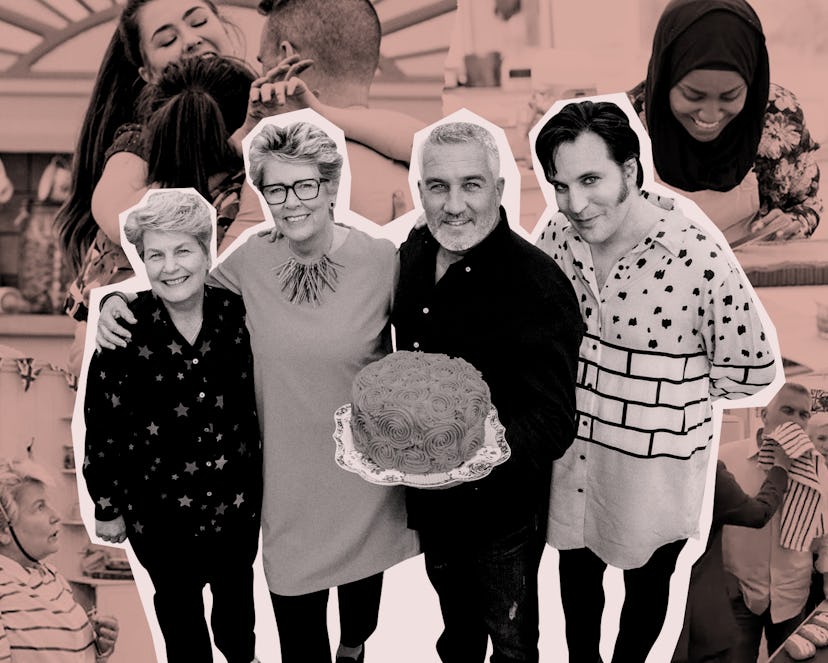 The judges from The Great British Baking Show with a cake