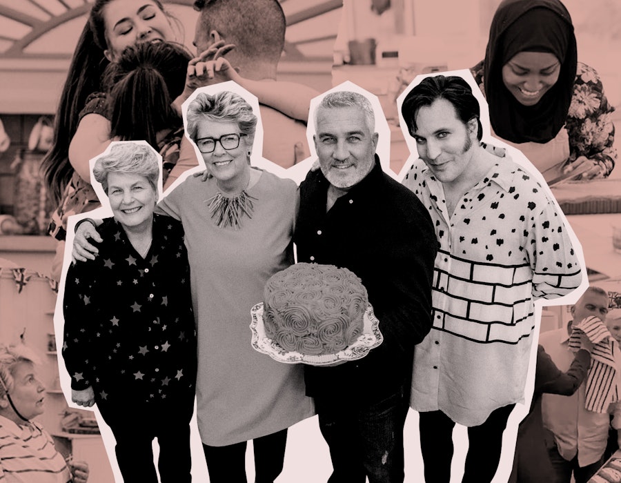The judges from The Great British Baking Show with a cake