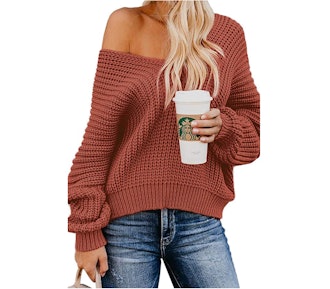 Bdcoco Off-the-Shoulder V-Neck Sweater
