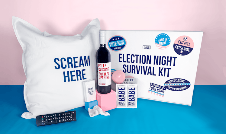 BABE Wine's Election Night Survival Kit features a pillow to scream into, wine, tissues, and more.