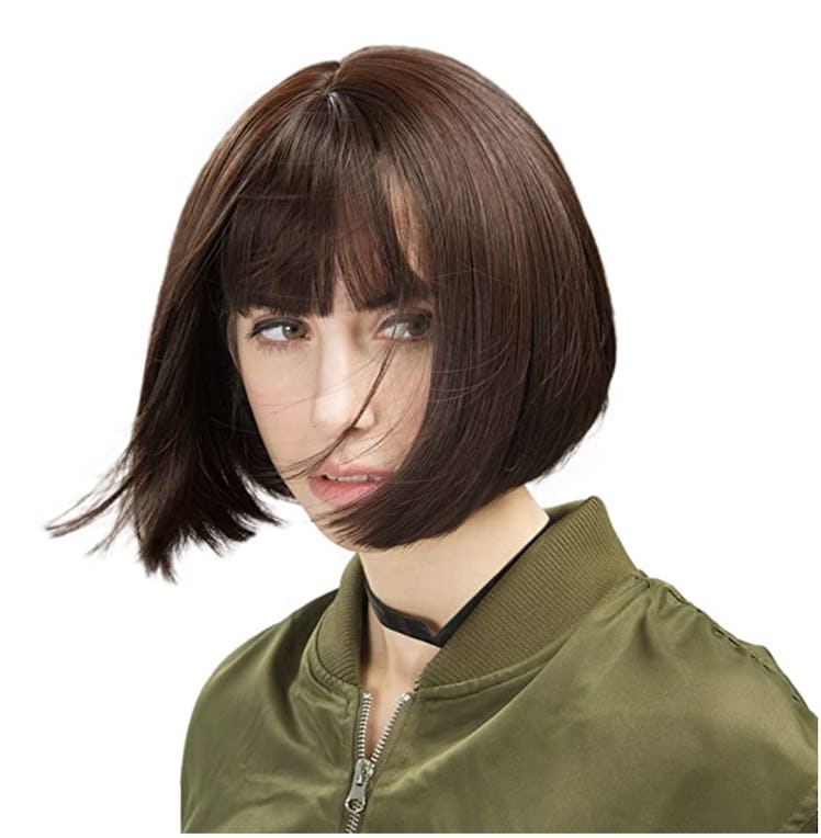 REECHO 11" Short Bob Wig with Bangs Synthetic Hair Color: Dark brown