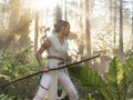 Daisy Ridley, who plays Rey in the 'Star Wars' franchise, walk through a jungle during the final fil...