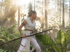 Daisy Ridley, who plays Rey in the 'Star Wars' franchise, walk through a jungle during the final fil...