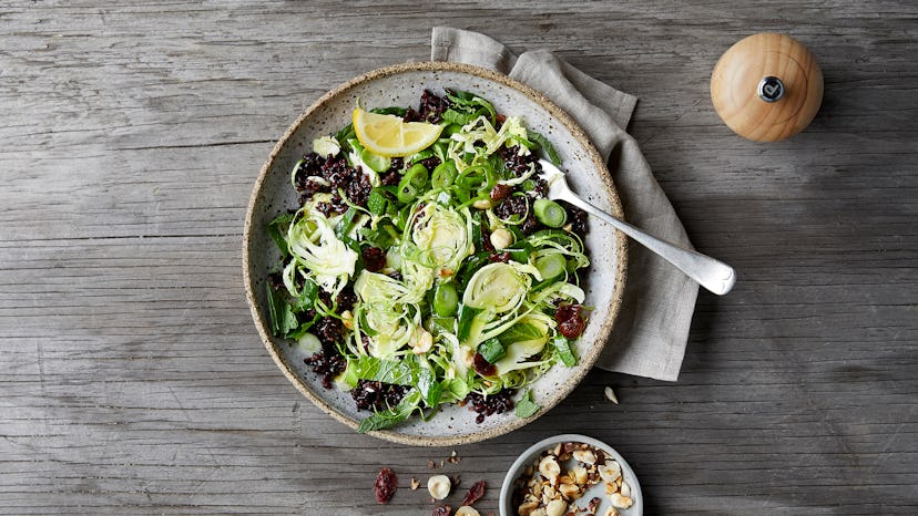 This shredded brussel sprout and rice mix makes for a great warm salad recipe