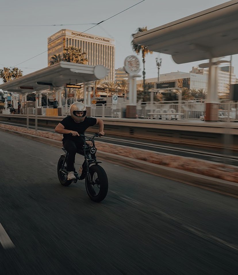 Super73 e-bike riding on a street.