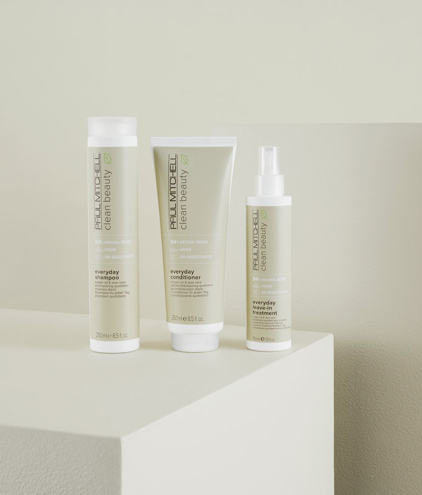 Paul Mitchell Clean Beauty products, including shampoo, conditioner, and leave-in treatment.