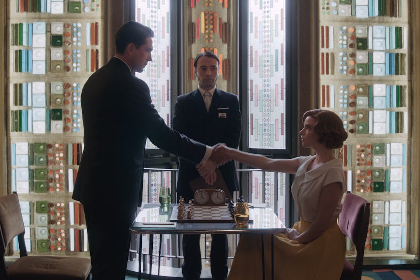 Marcin Dorocinski as Vasily Borgov and Anya Taylor-Joy as Beth Harmon in Netflix's 'The Queen's Gamb...