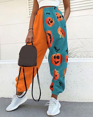 Lovely Erica Colorblock Halloween Pumpkin Print Jogger Pants