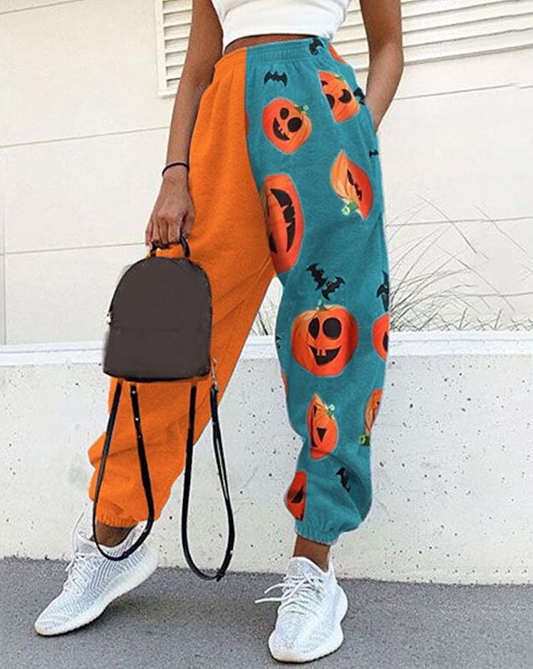 Lovely Erica Colorblock Halloween Pumpkin Print Jogger Pants