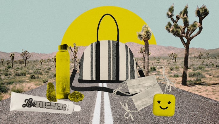 trip essentials such as a water bottle, headphones, a trevel bag and lip butter.