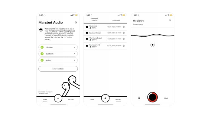 Marsbot for AirPods plays audio recommendations about places around you directly into your ears.