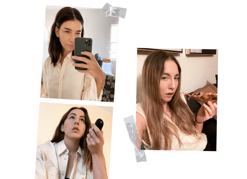 Members of HAIM, taking a selfie, eating pizza and absentmindedly watching TV