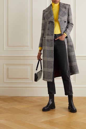 Penelope faux patent leather-trimmed Prince of Wales checked tweed coat