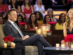 Chris Harrison and Hannah Brown sit on couches during a special for 'The Bachelorette.'