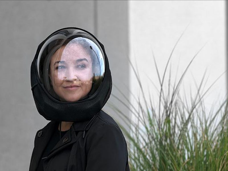 Woman wearing AIR helmet outside