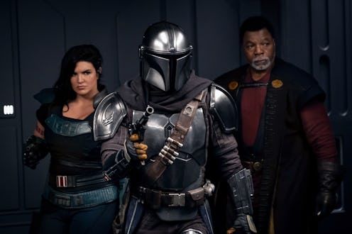 Mando, Cara Dune, and Greef Karga in 'Mandalorian' Season 2, via Disney+ press site.