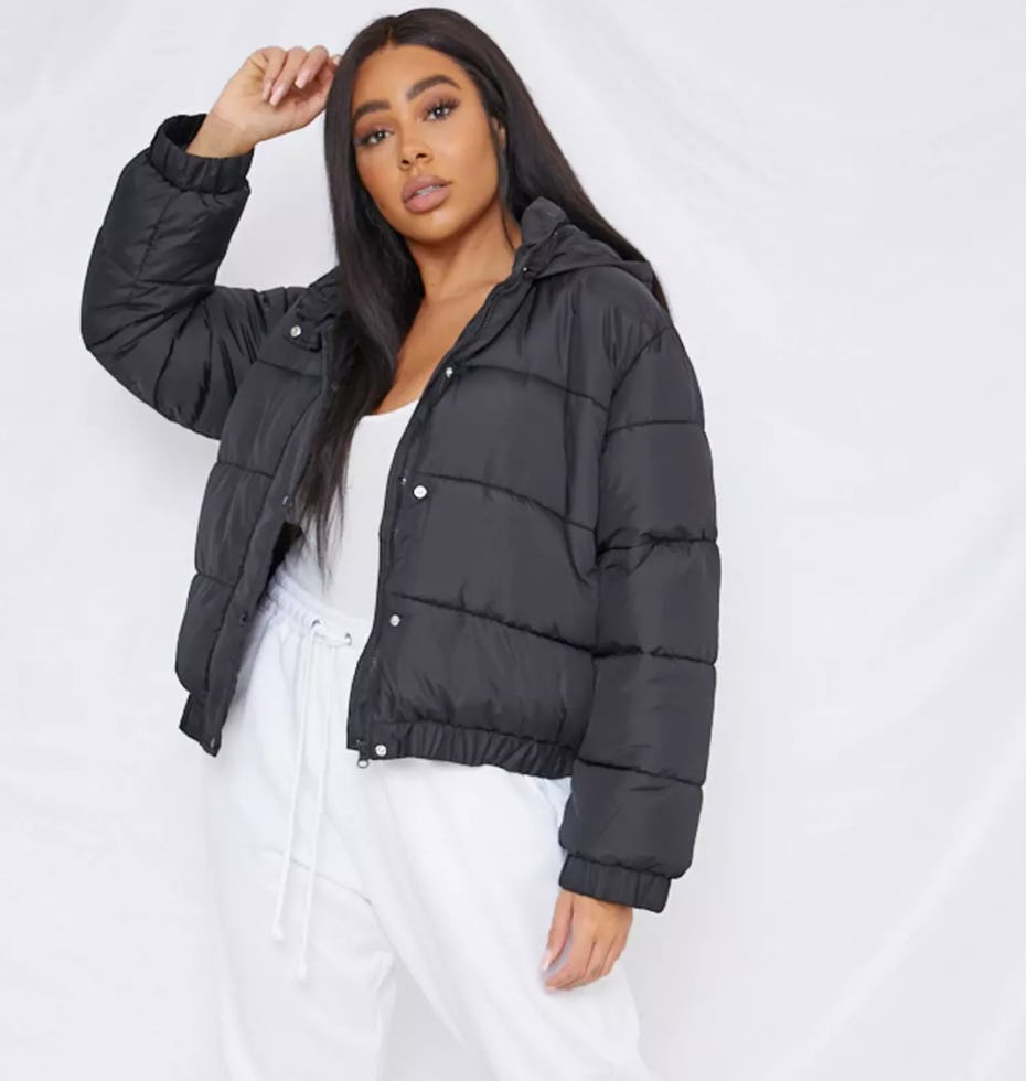 black crop puffer jacket with hood