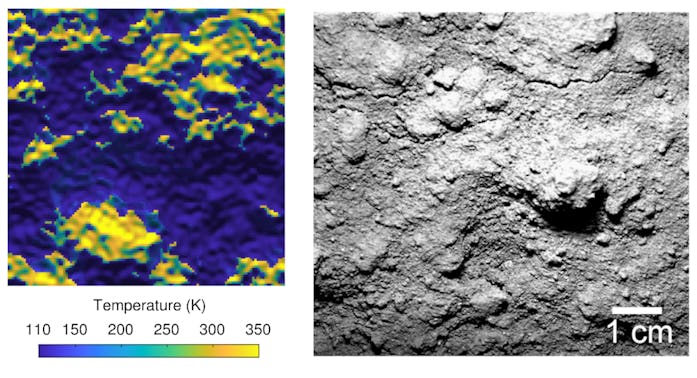 An image of the moon's surface and a simulated temperature map.