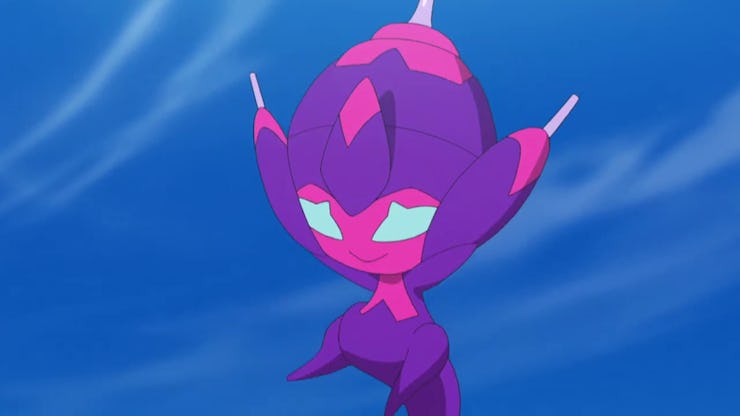 Poipole in Pokémon: The Crown Tundra with the blue sky in the background