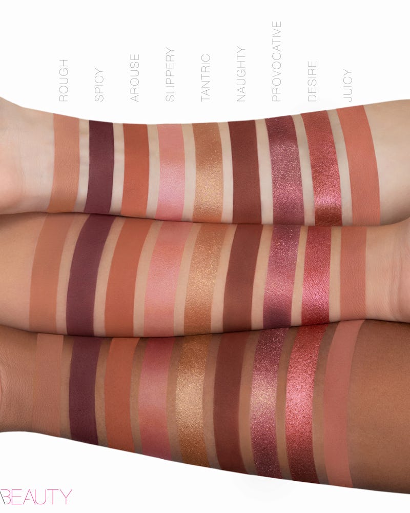 Huda Beauty Naughty Nude Eyeshadow Palette shade swatches on three skin tones.