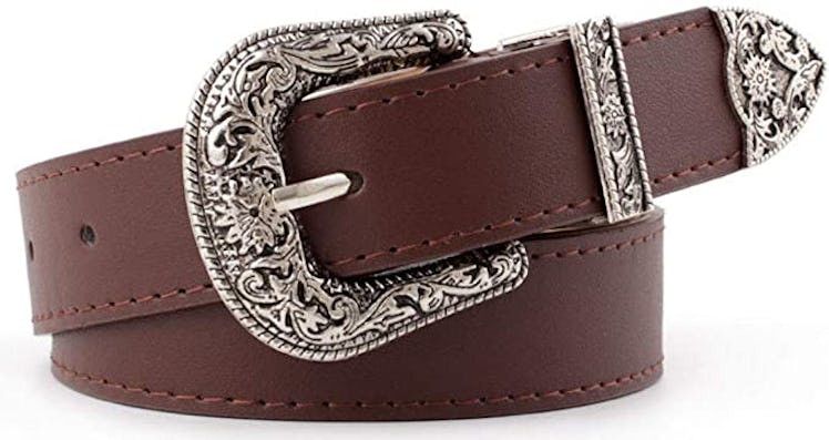 INOGIH Western-Leather-Belts-Women Vintage Waist-Belts with Hollow Out Flower Buckle