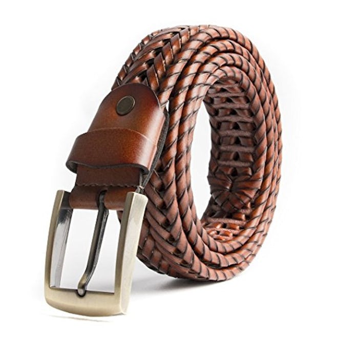 ECHAIN Men Braided Woven Genuine Leather Belt Brown