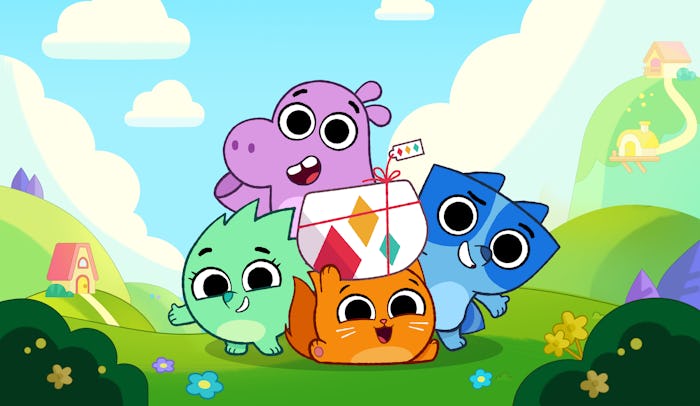 A cartoon cat holds a package, flanked by a racoon, hippo, and hedgehog in a cheerful neighborhood.