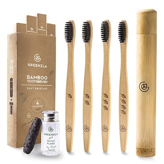 Greenzla Bamboo Toothbrush (4-Pack) With Travel Toothbrush Case & Charcoal Dental Floss