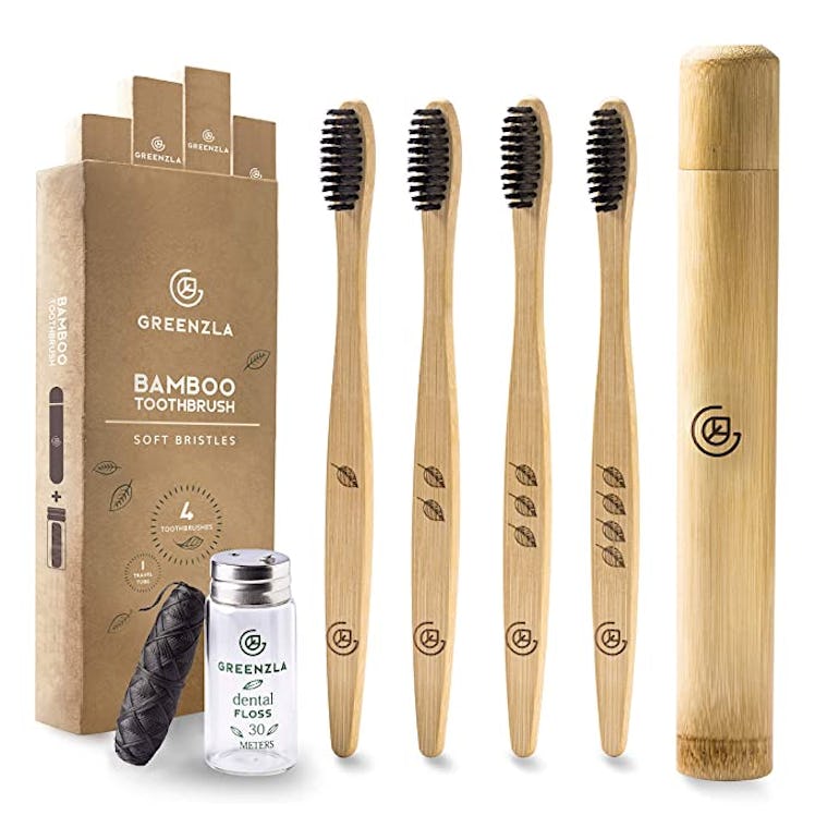 Greenzla Bamboo Toothbrush (4-Pack) With Travel Toothbrush Case & Charcoal Dental Floss