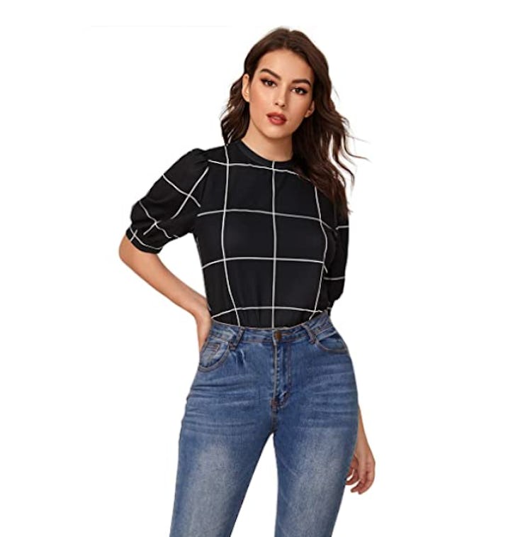 SheIn Puff Sleeve Plaid Top