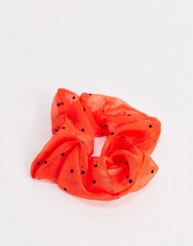 Topshop hair scrunchie in red organza with polka dot print