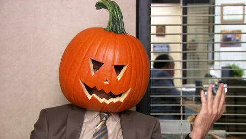 Dwight with a pumpkin stuck on his head during the Season 9 'Office' Halloween episode