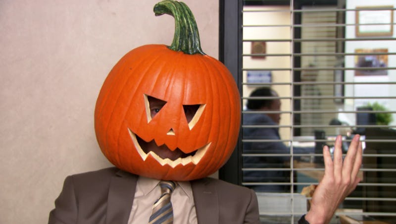 Dwight with a pumpkin stuck on his head during the Season 9 'Office' Halloween episode