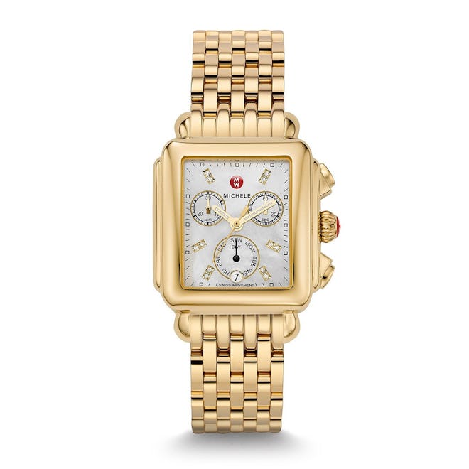 Deco Yellow Gold Diamond & White Mother of Pearl Watch on Bracelet