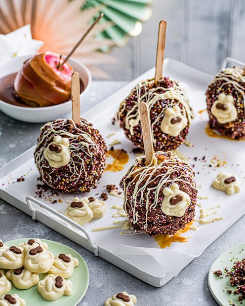 Colin the Caterpillar toffee apples served on a plate