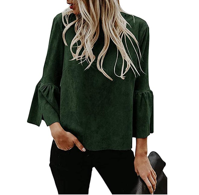 Kathemoi Faux Suede Bell Sleeve Top