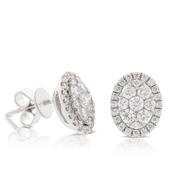 Diamond Cluster Oval Stud Earrings in 14K White Gold